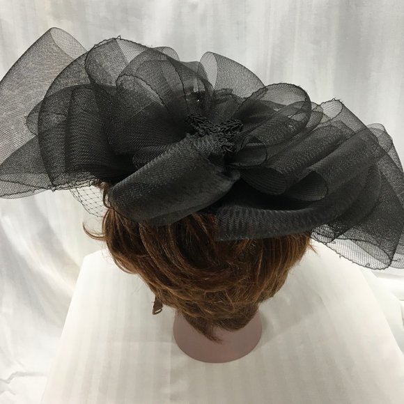 Black Fascinator w/Black Veil, Bow & Sequin Flower